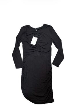 The Commons Black Ruched Midi Dress Petite Small NWT Long Sleeve Bodycon Modal
